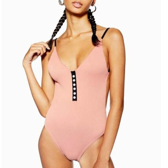 TOPSHOP Ribbed Plunge V-Neck Button Detail Swimsuit Nude One Piece Sz 10 - Picture 1 of 11